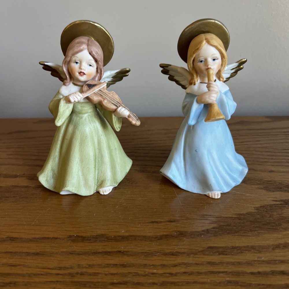 Vintage Porcelain Angel Figure Playing Instruments Blue Green Set Of‎ 2 MCM